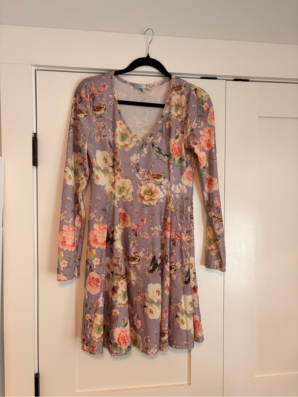 Cecico Lavender Floral V-Neck Long Sleeve Swing Dress